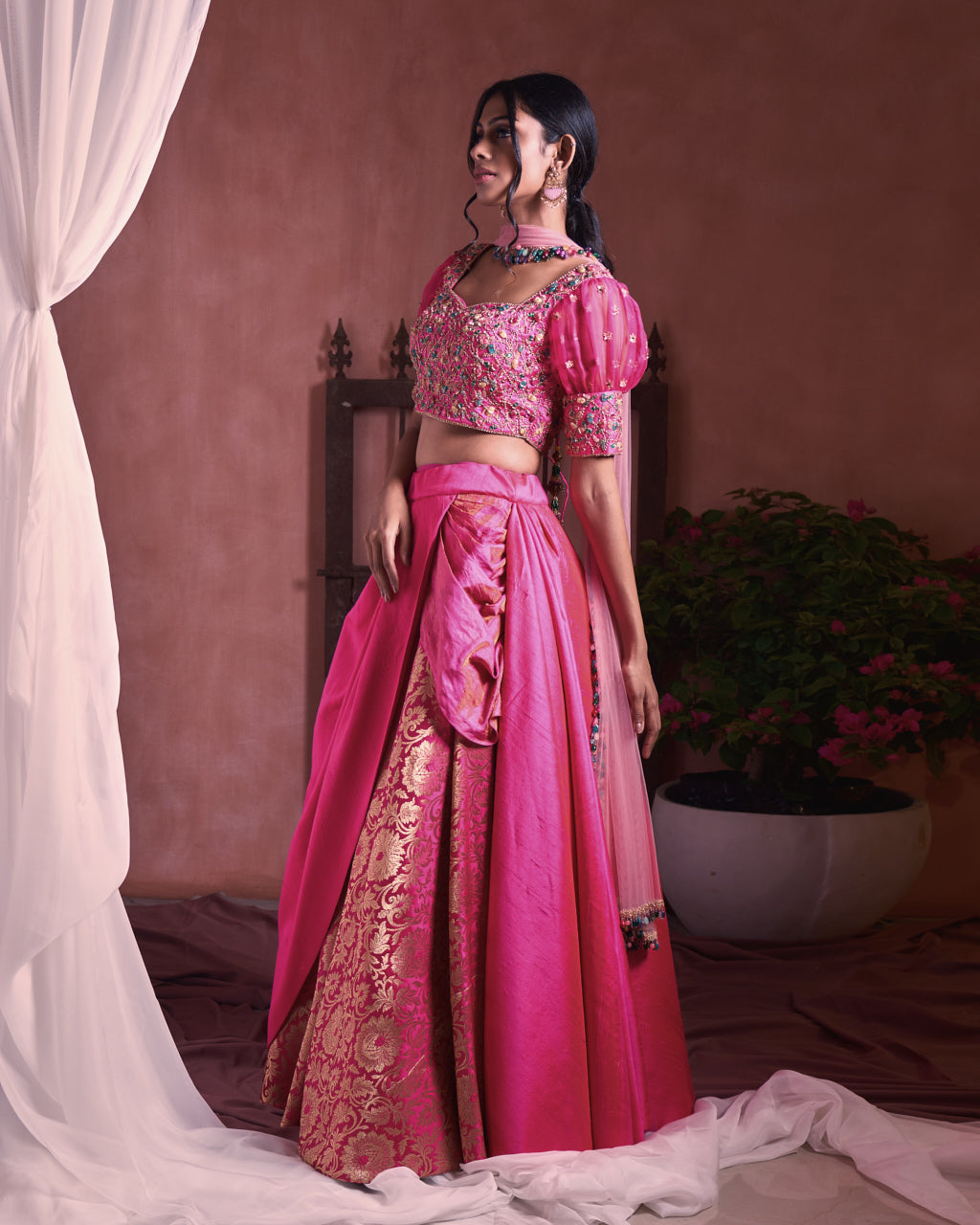 pink embroidered drape lehenga set