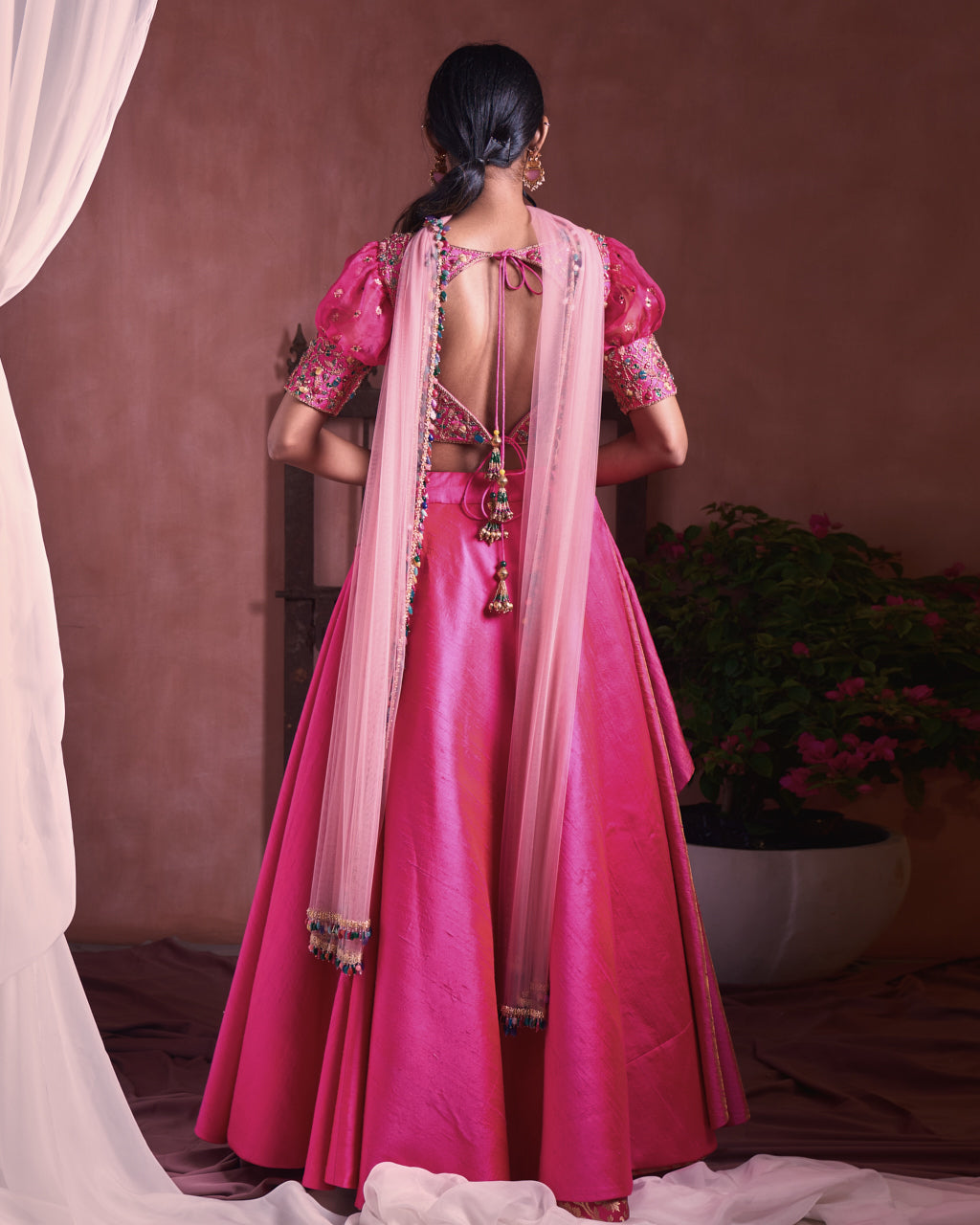 pink embroidered drape lehenga set