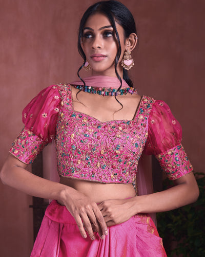 pink embroidered drape lehenga set