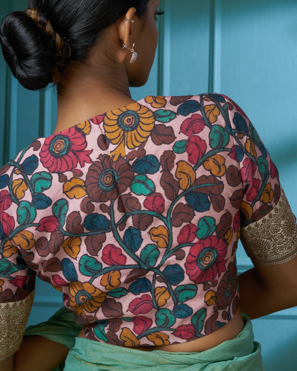 Brown Kalamkari Printed Blouse With Banarasi Border