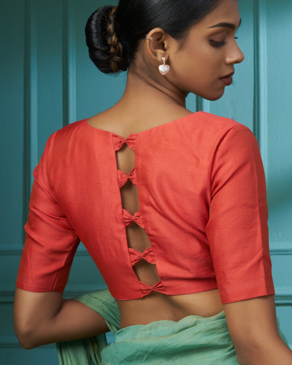 Red Zari Chanderi Blouse With Bow Openings