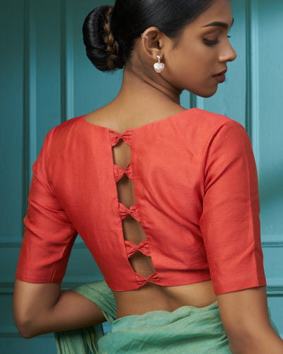 Red Zari Chanderi Blouse With Bow Openings