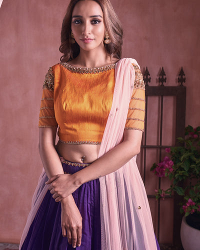 Purple chanderi silk embroidered lehenga set