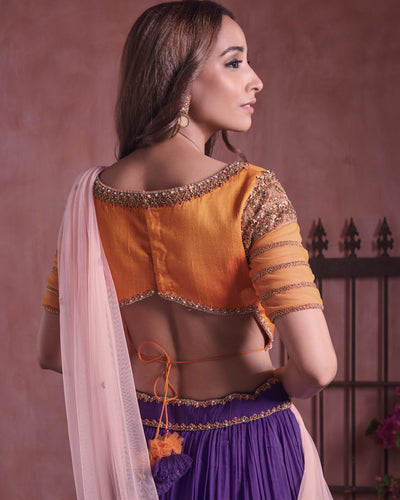 Purple chanderi silk embroidered lehenga set