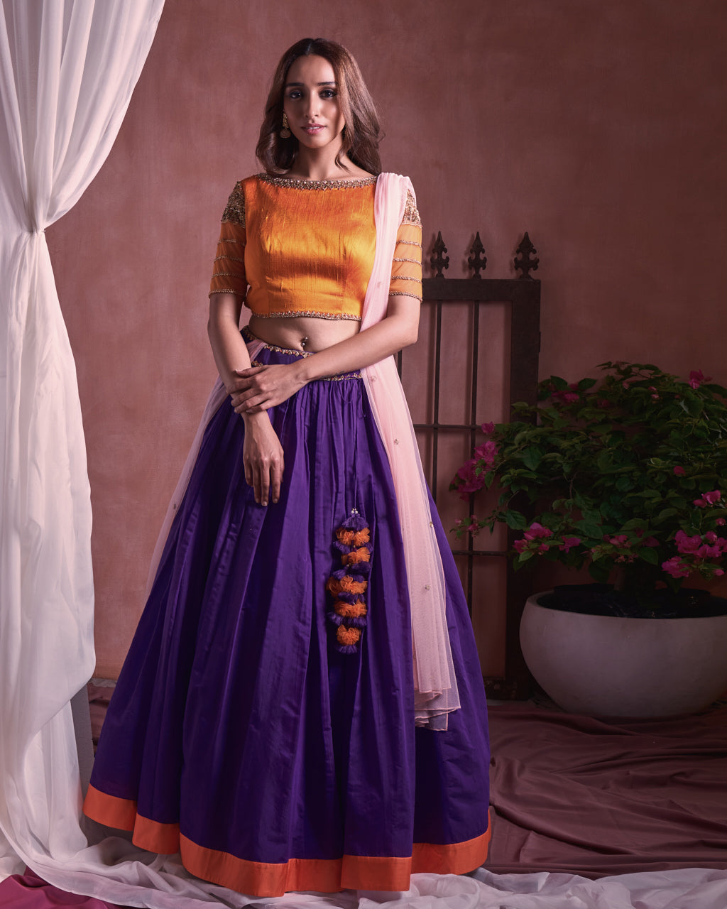 Purple chanderi silk embroidered lehenga set