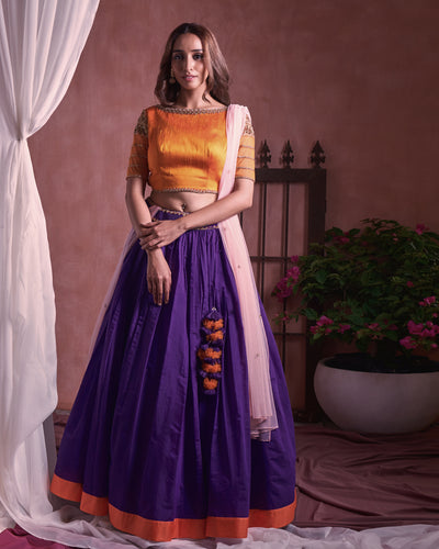 Purple chanderi silk embroidered lehenga set