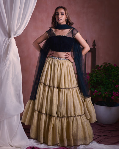 Black velvet tiered lehenga set