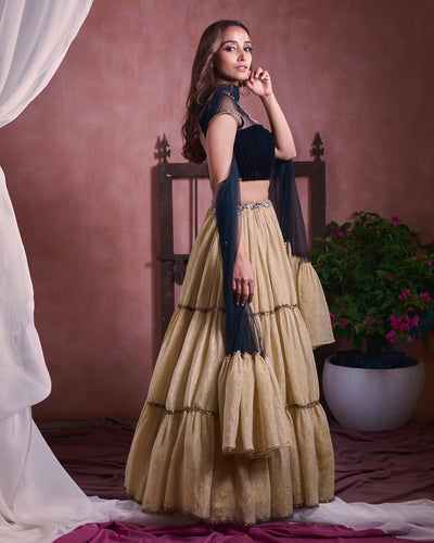 Black velvet tiered lehenga set