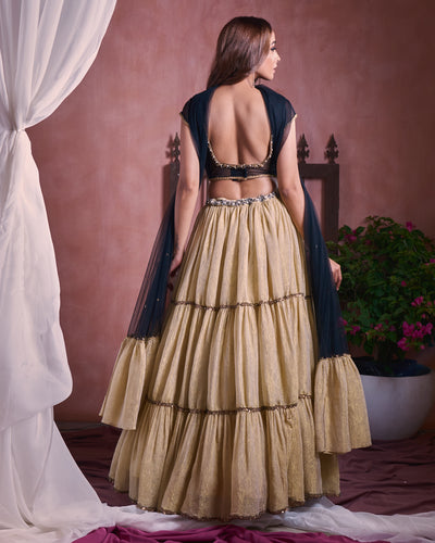 Black velvet tiered lehenga set
