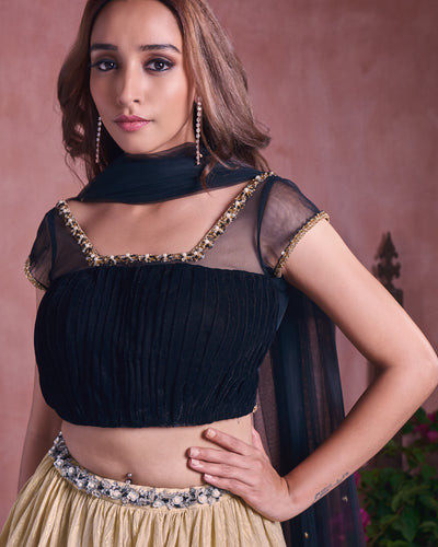 Black velvet tiered lehenga set