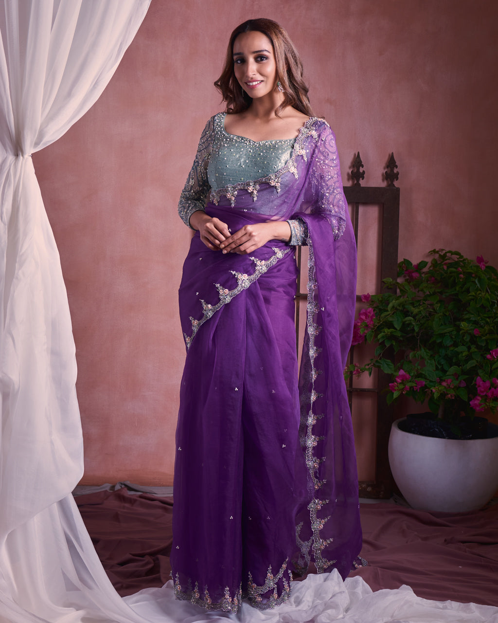 Purple organza scallop embroiderd saree set