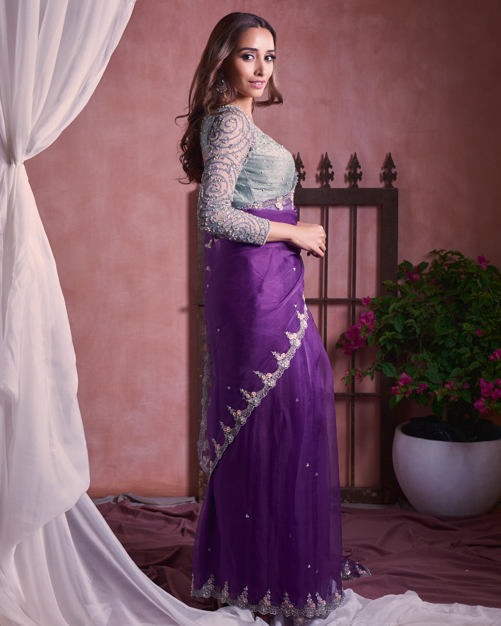 Purple organza scallop embroiderd saree set