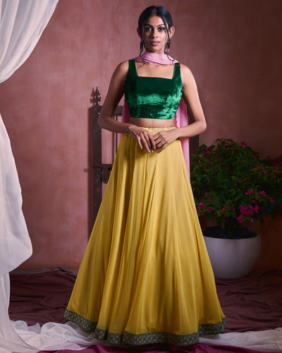 yellow gather lehenga set
