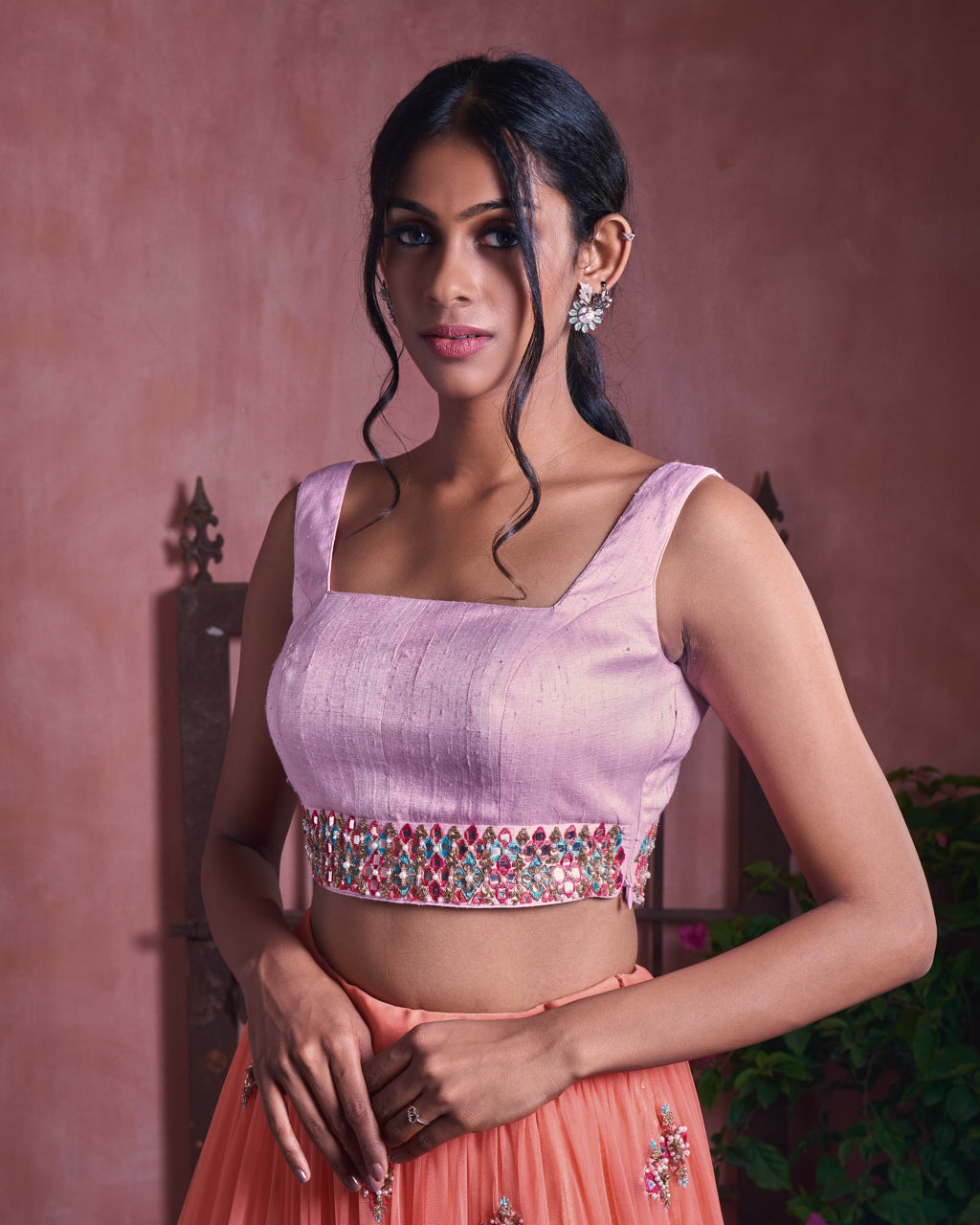 Pink mirror work embroidered Blouse and Duppata (Only Blouse & Duppata)