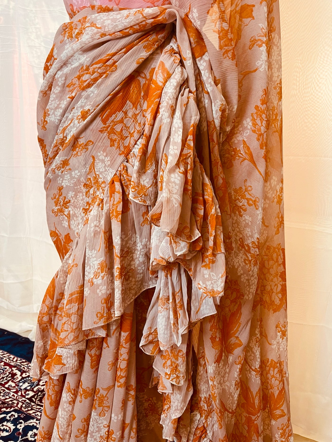 Nude and Orange Printed Shiffon Ruffle Saree