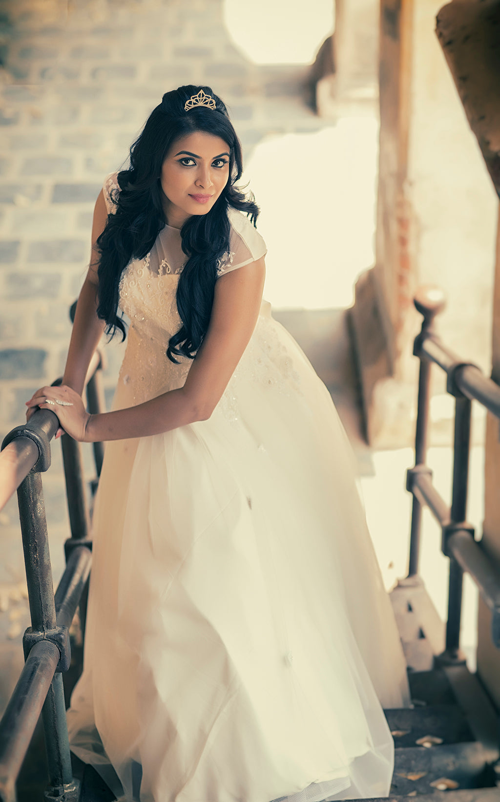 High neck cap sleeve white tulle gown