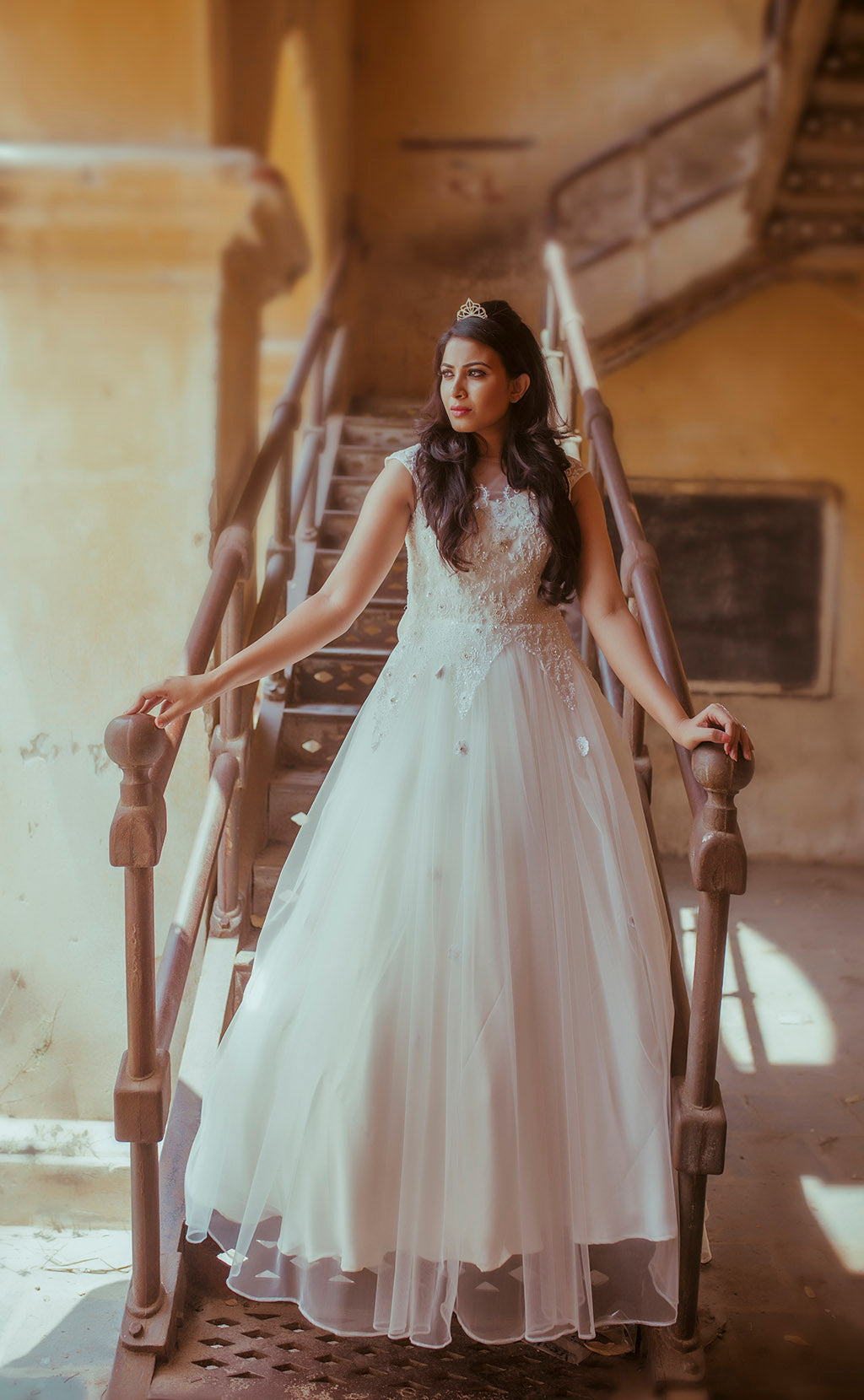 High neck cap sleeve white tulle gown