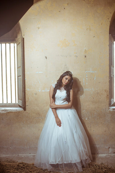 High neck cap sleeve white tulle gown