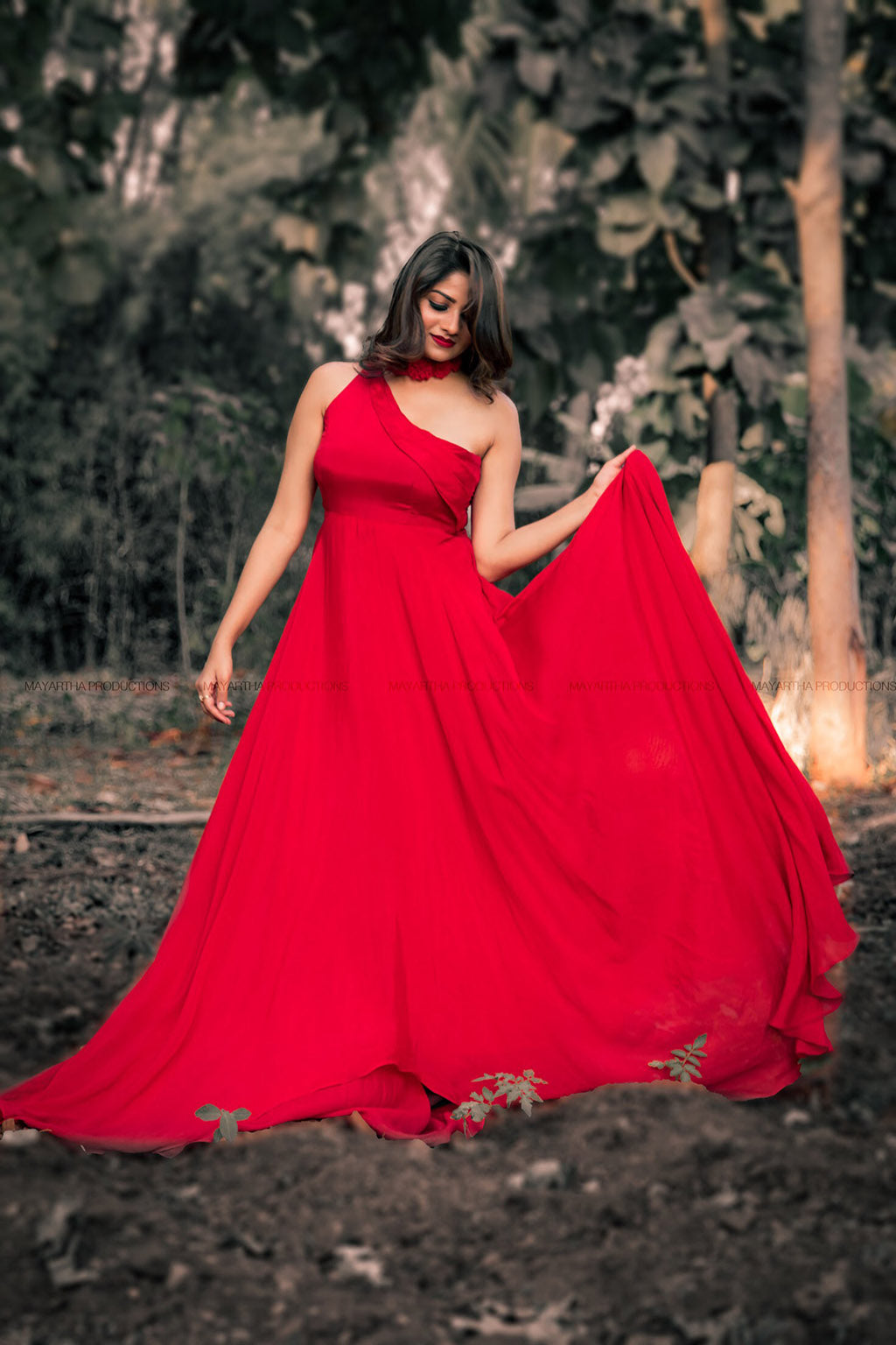One shoulder assymetrical red A-line bias flared gown
