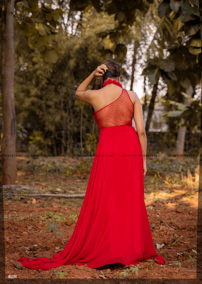 One shoulder assymetrical red A-line bias flared gown