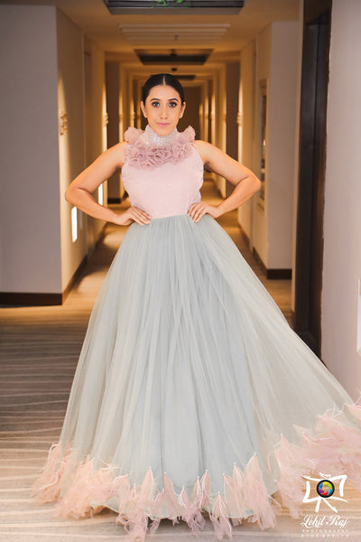 Turtle neck with ruffle detail gathered tulle A-line gown