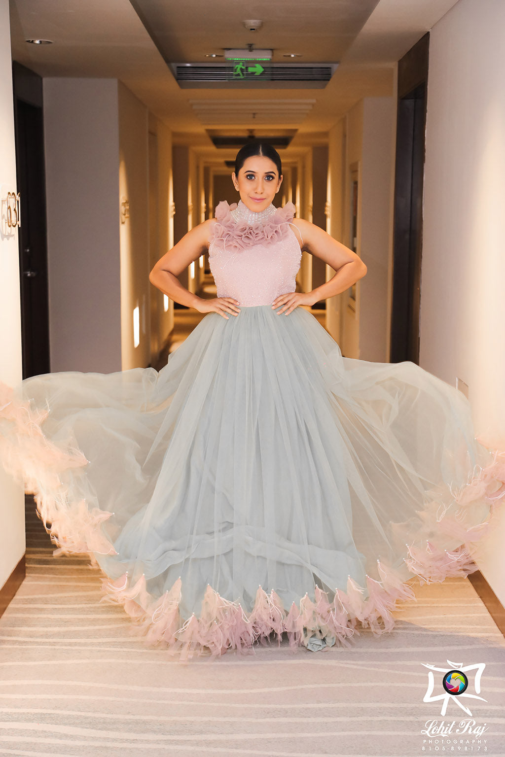 Turtle neck with ruffle detail gathered tulle A-line gown