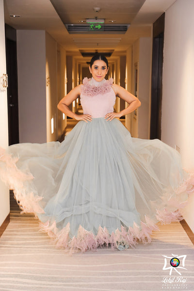 Turtle neck with ruffle detail gathered tulle A-line gown