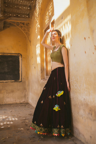 Wine velvet panelled lehenga with multicolor border detail ,with cap sleeve green blouse and mustard tulle dupatta