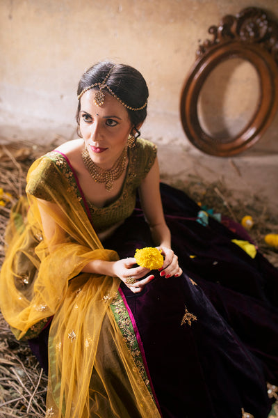 Wine velvet panelled lehenga with multicolor border detail ,with cap sleeve green blouse and mustard tulle dupatta