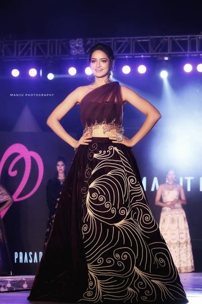 Wine velvet bias abstract embroidered skirt with tulle draped one shoulder blouse