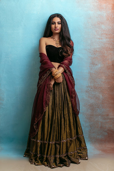 black velvet bustier blouse,black gold mix tissue gathered lehenga,with organza dupatta