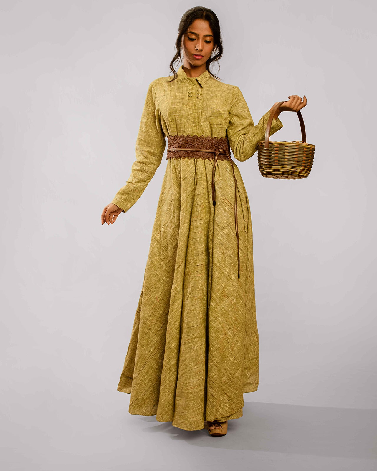 Dull Green Collared Long Dress