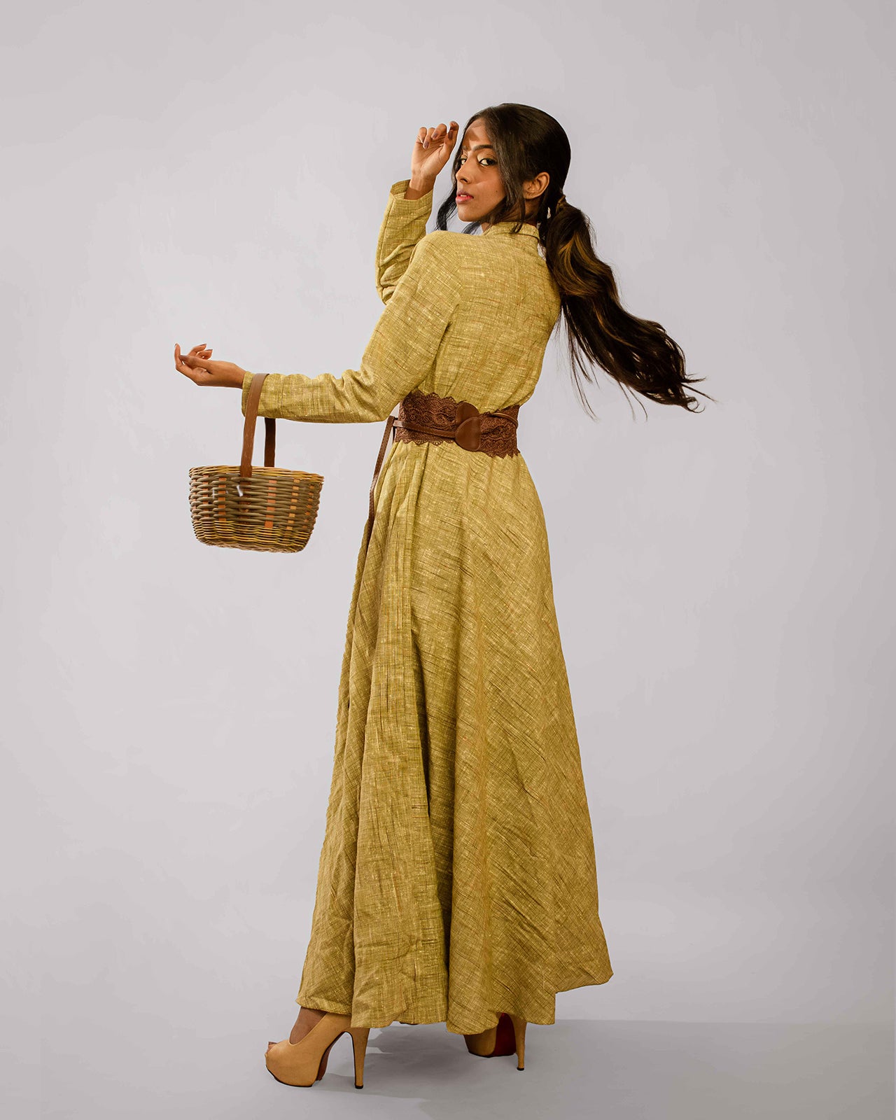 Dull Green Collared Long Dress