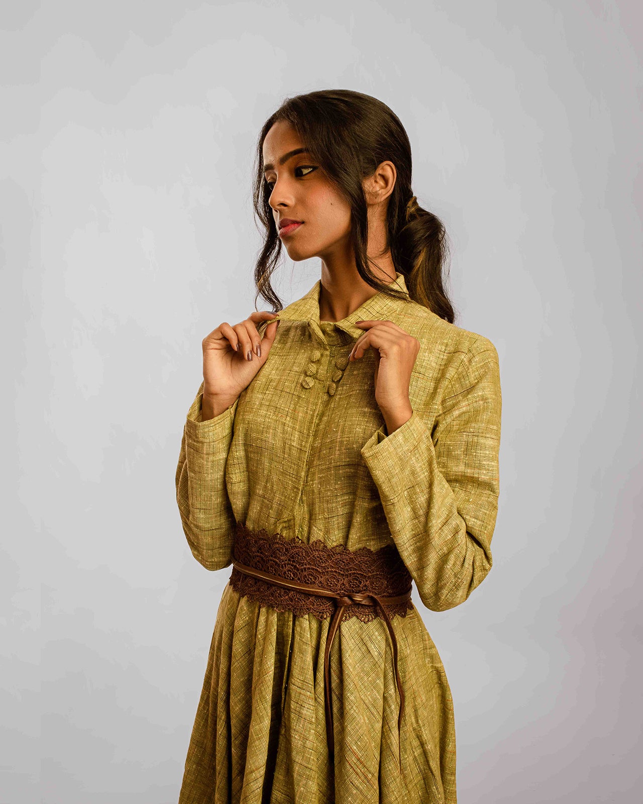 Dull Green Collared Long Dress