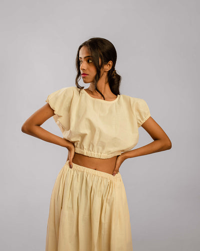 Beige High Slit Gathered Flare Skirt With Crop Top