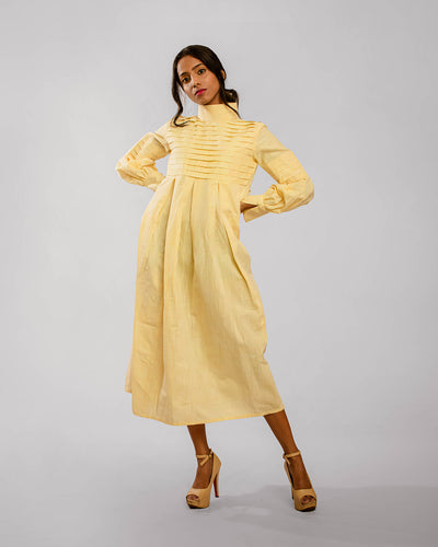 Lemon Yellow Horizontal Knife Pleated High Collared Dress