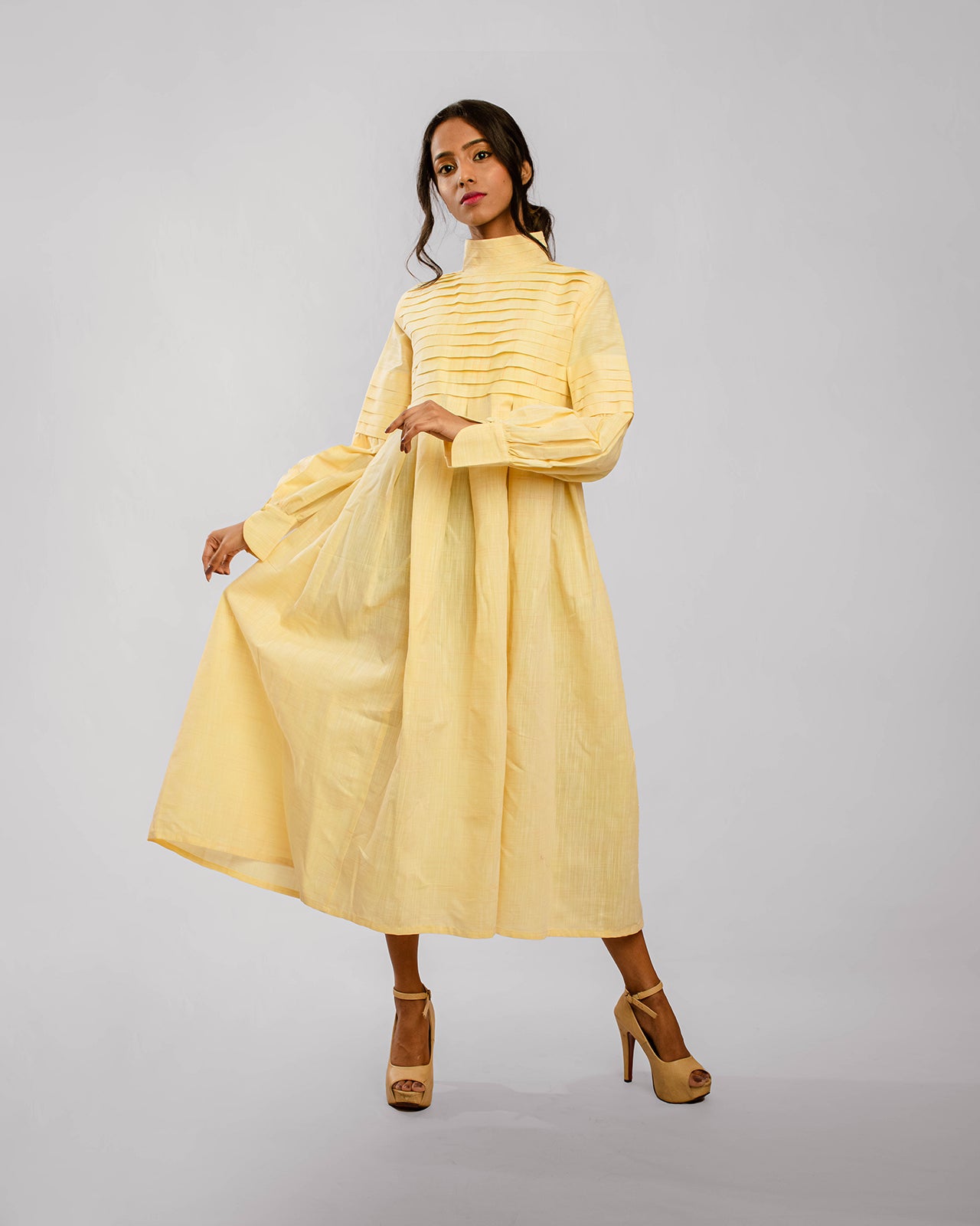 Lemon Yellow Horizontal Knife Pleated High Collared Dress