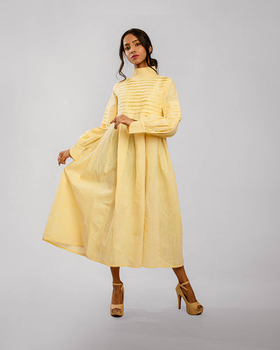 Lemon Yellow Horizontal Knife Pleated High Collared Dress