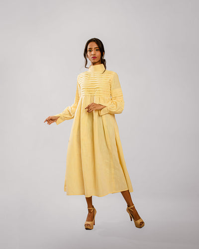 Lemon Yellow Horizontal Knife Pleated High Collared Dress