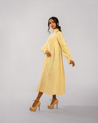 Lemon Yellow Horizontal Knife Pleated High Collared Dress