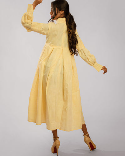 Lemon Yellow Horizontal Knife Pleated High Collared Dress