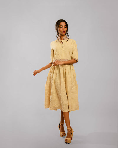 Beige Contrast High Collared Dress
