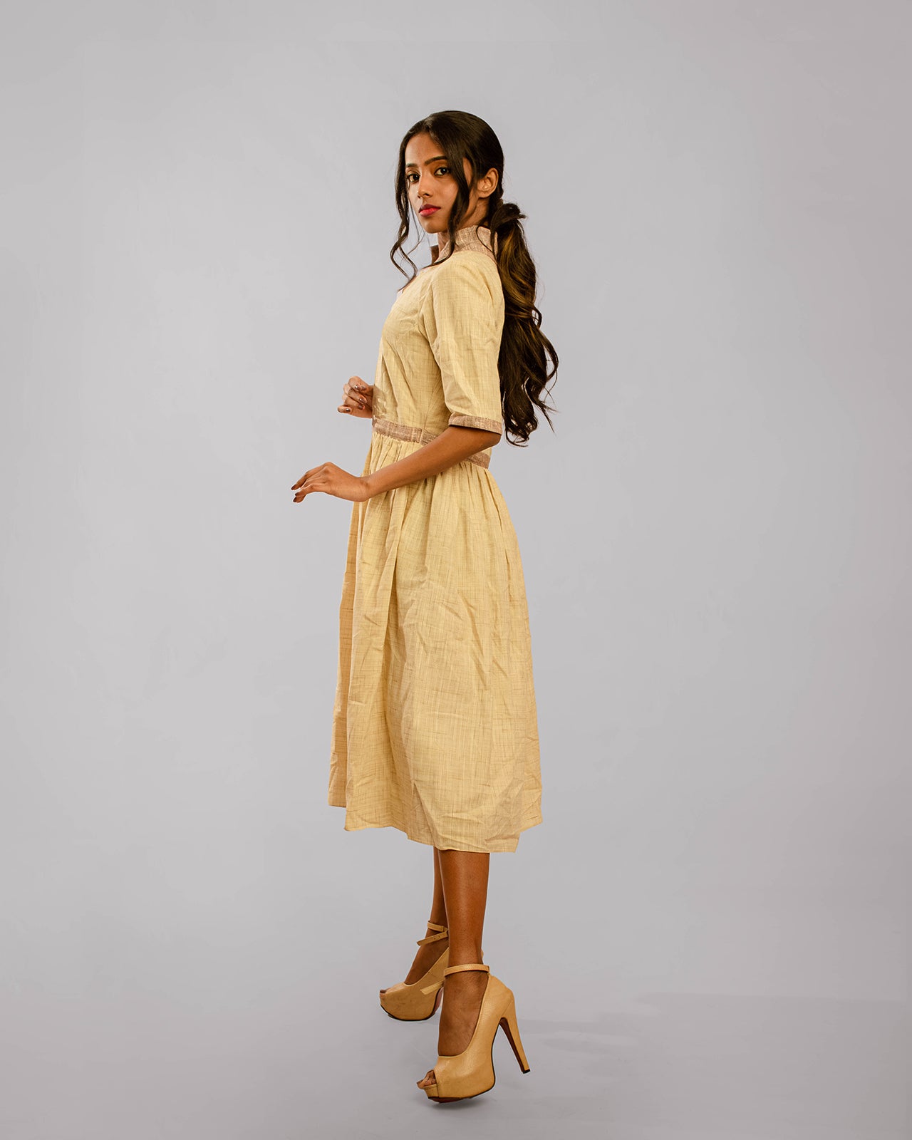 Beige Contrast High Collared Dress