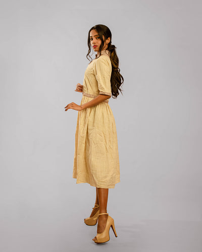 Beige Contrast High Collared Dress
