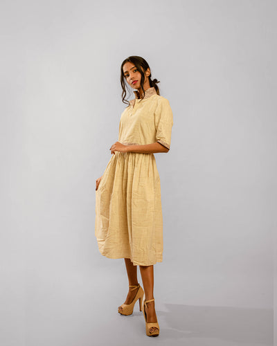 Beige Contrast High Collared Dress