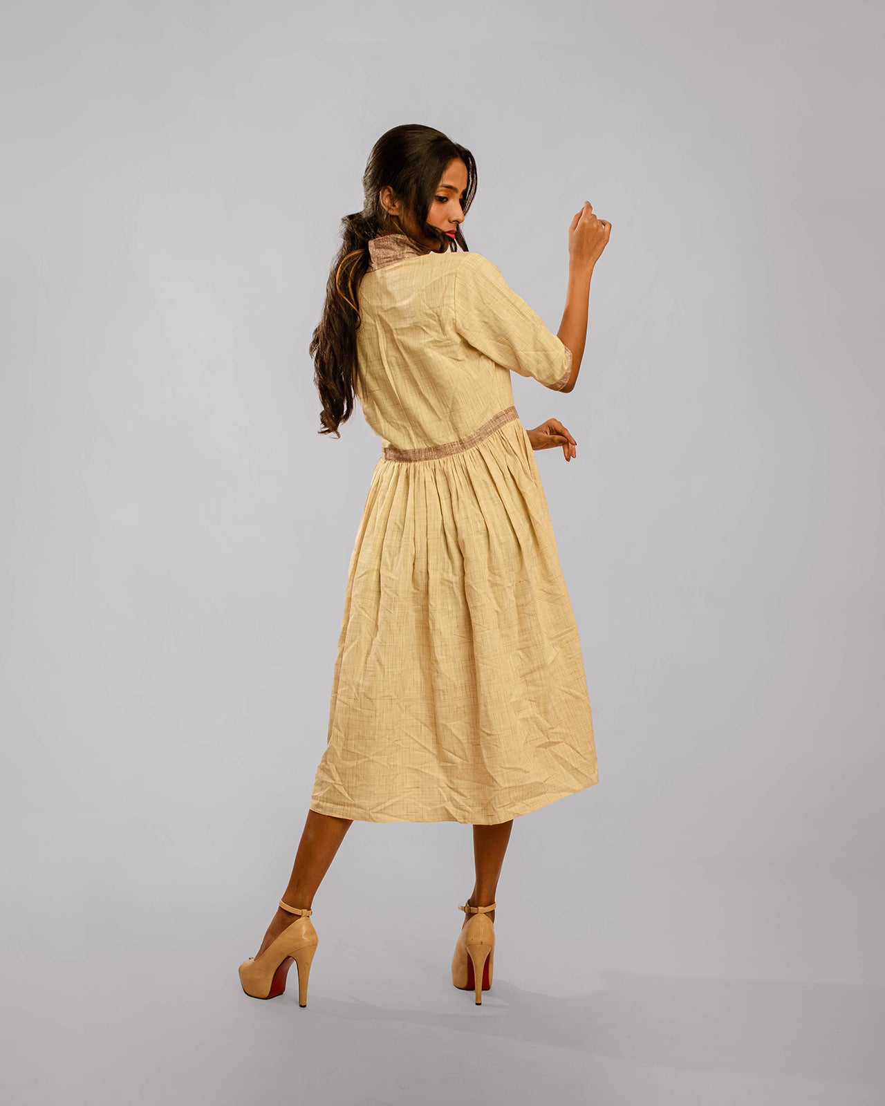 Beige Contrast High Collared Dress