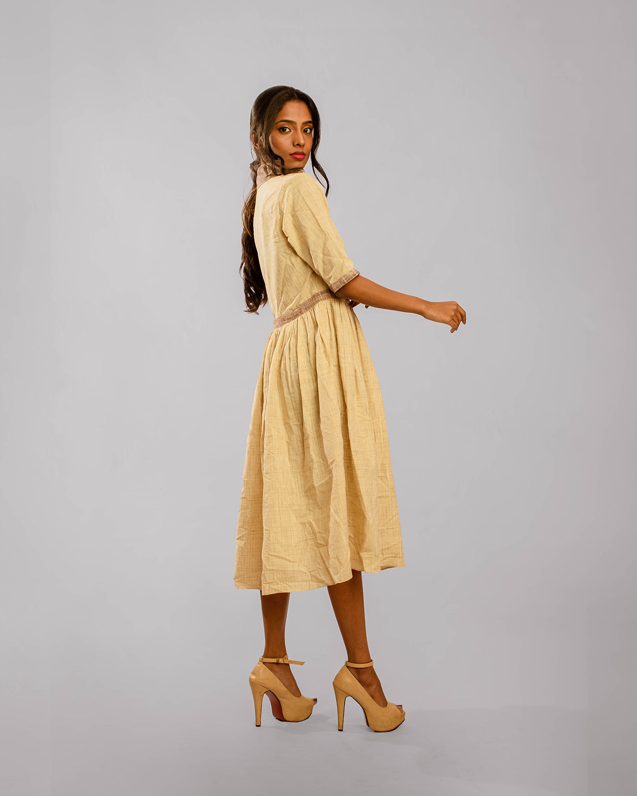 Beige Contrast High Collared Dress
