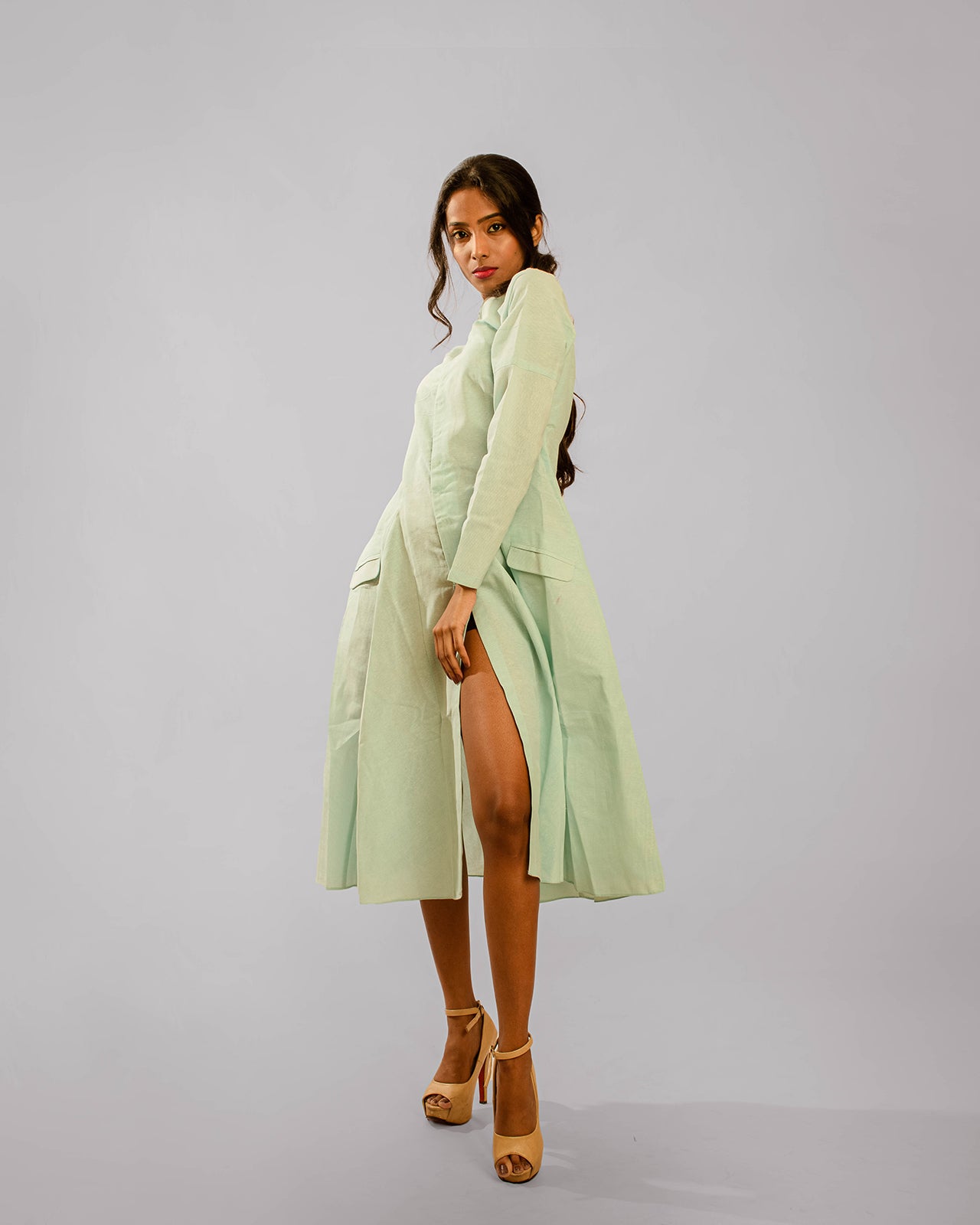 Pista Green Front Open Slit With Cross Flap Pockets