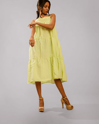 Neon Green Noodle Strap Layered Gather Dress