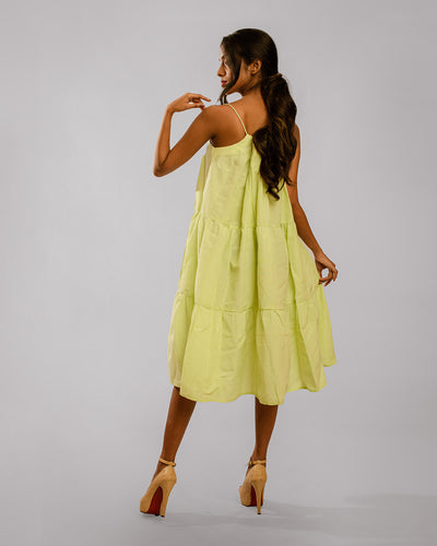 Neon Green Noodle Strap Layered Gather Dress